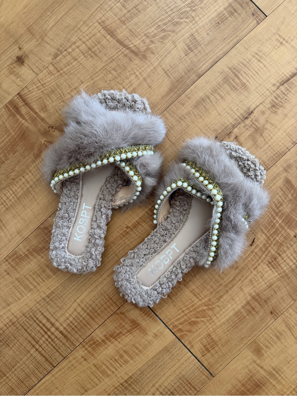 Slippers made for a princess Faux Fur Slide Sandals with Pearl & Gold Trim